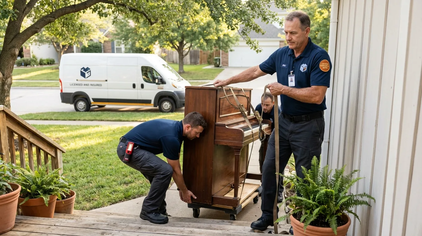 Licensed piano movers securing grand piano in Fountain Inn, SC