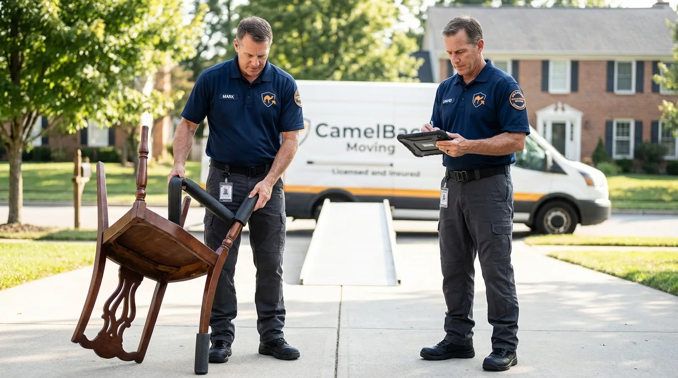 Movers inspecting furniture for damage prevention before loading in Fountain Inn, SC