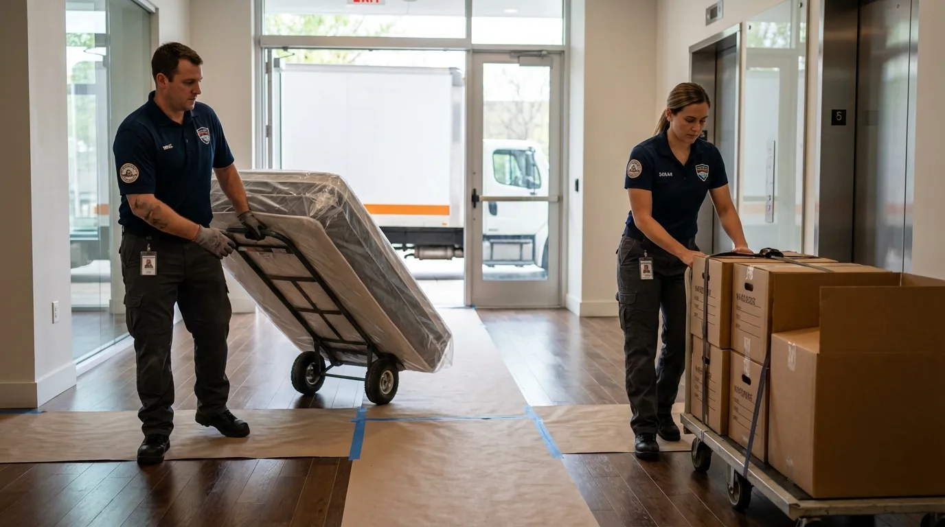 Professional apartment movers loading elevator in Fountain Inn, SC