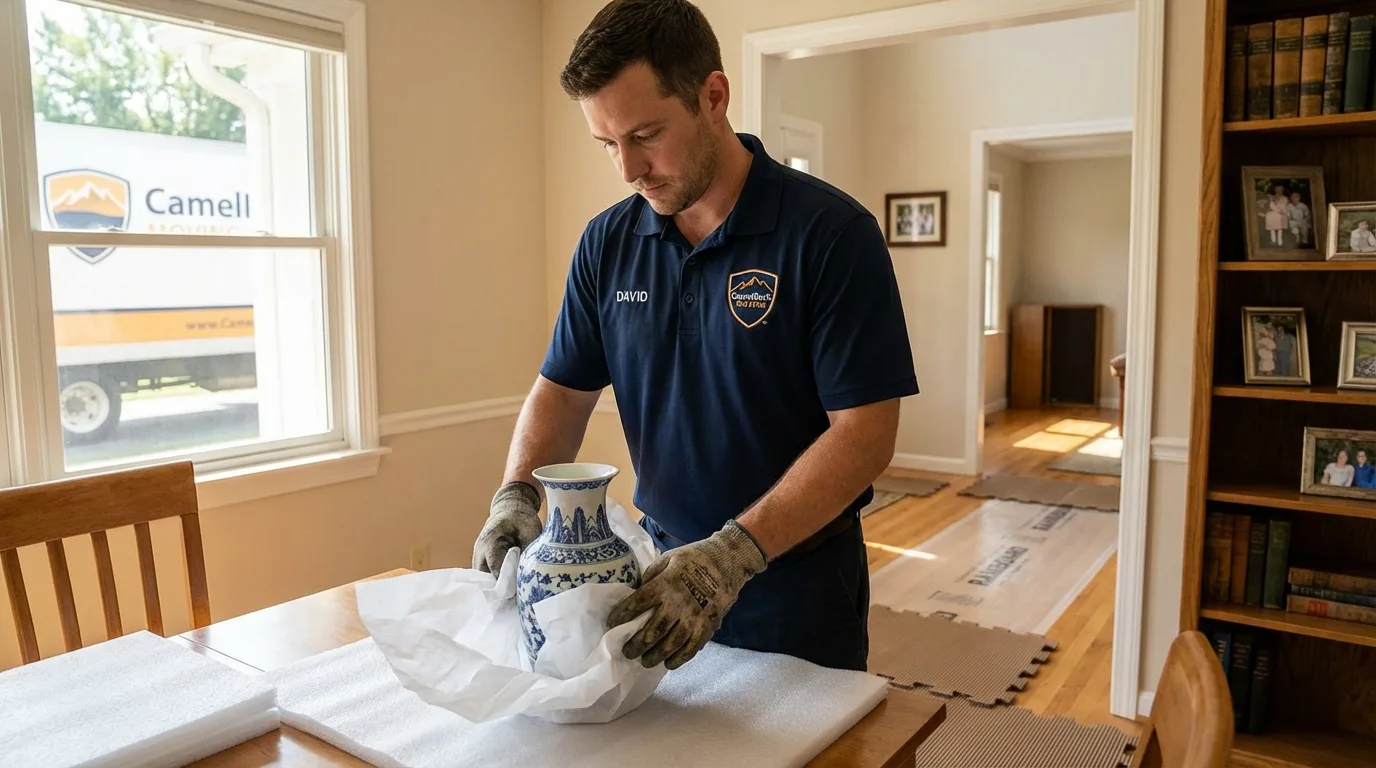 Professional crew carefully wrapping antique vase for senior downsizing move in Fountain Inn, SC
