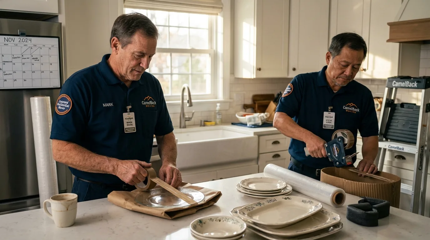 Professional crew packing kitchen dishware in Fountain Inn, SC